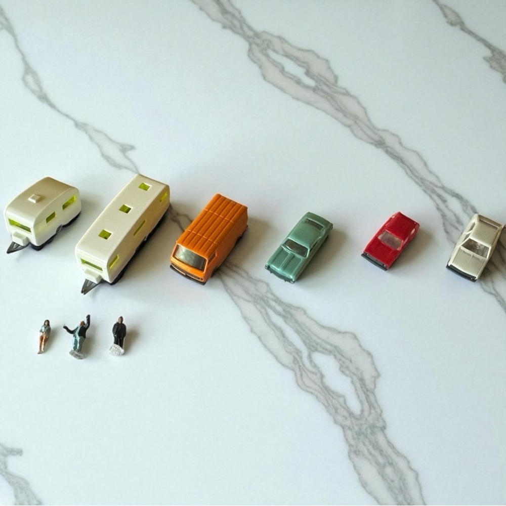 Vintage HO Scale Miniature Lot – Cars, Campers, & Handpainted Figures – Germany